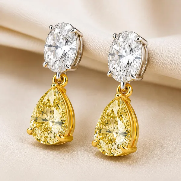 Gold_Sterling_Silver_Two_Tone_Yellow_Cz_Pear_Dangle_Earrings_For_Women