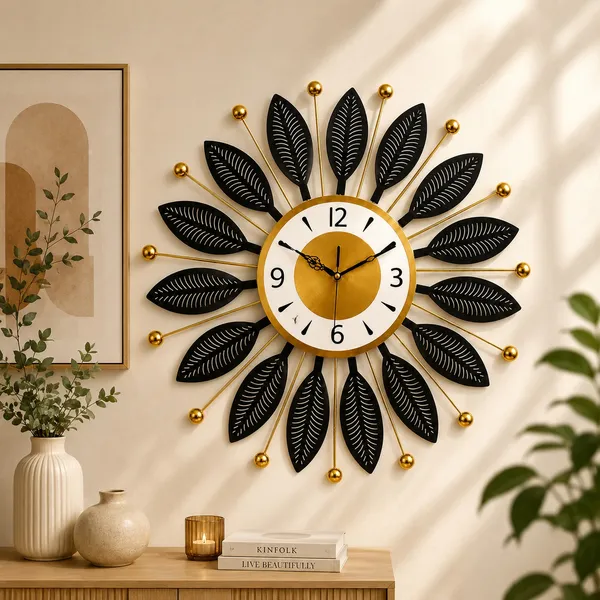 Metal_Sunburst_Leaf_Design_Wall_Clock
