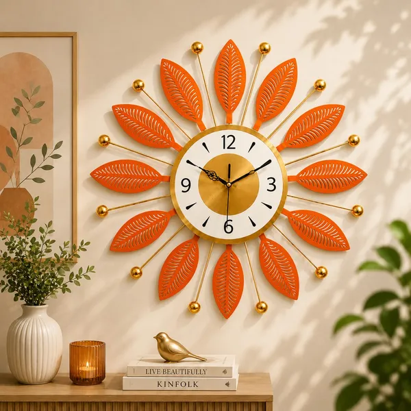 Metal_Sunburst_Leaf_Pattern_Wall_Clock