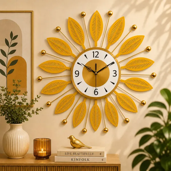 Metal_Sunburst_Leaf_Design_Wall_Clock