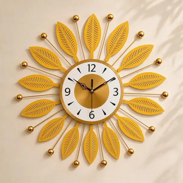Multicolor_Metal_Sunburst_Leaf_Design_Wall_Clock_For_Living_Room,_Hallway,_Bedroom,_Entryway
