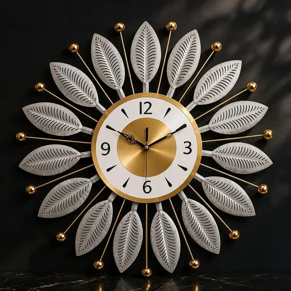 Multicolor_Metal_Sunburst_Leaf_Design_Wall_Clock_For_Living_Room,_Bedroom,_Entryway
