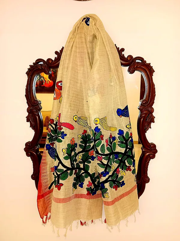Beige_Textured_Bird_Print_Scarf_For_Women