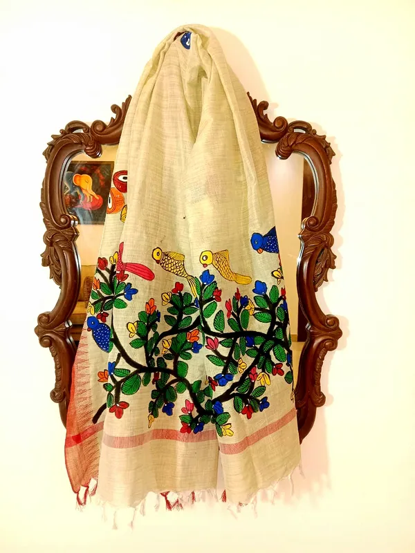 Beige_Textured_Bird_Print_Scarf_For_Women