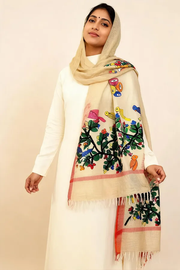 Beige_Textured_Bird_Print_Scarf_For_Women