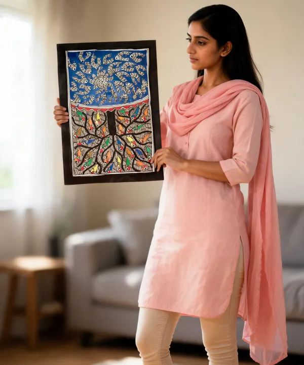 Framed_Madhubani_Bird_Tree_Folk_Art_Painting