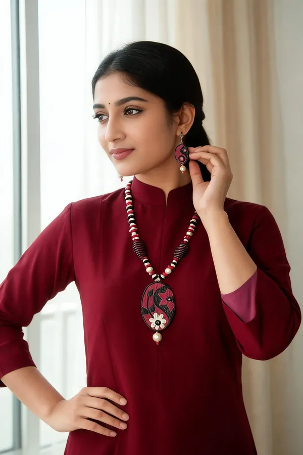 Maroon_Jute_Necklace_And_Earring_Set_For_Women