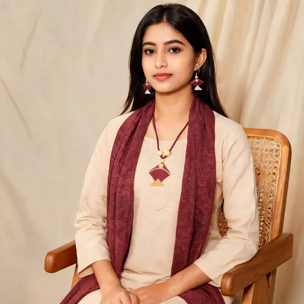 Maroon_Fabric_Geometric_Necklace_And_Earrings_Set_For_Women