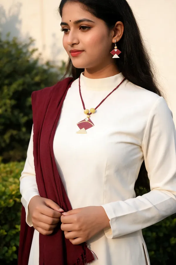 Maroon_Fabric_Geometric_Necklace_And_Earrings_Set_For_Women