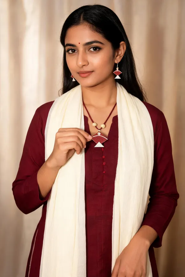 Maroon_Thread_Necklace_And_Earrings_Set_For_Women