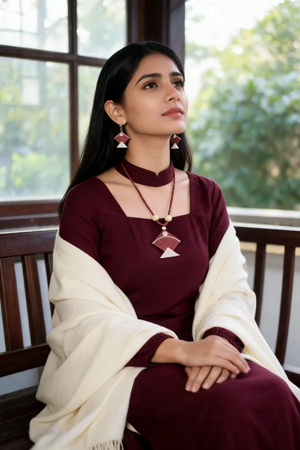 Maroon_Thread_Necklace_And_Earrings_Set_For_Women