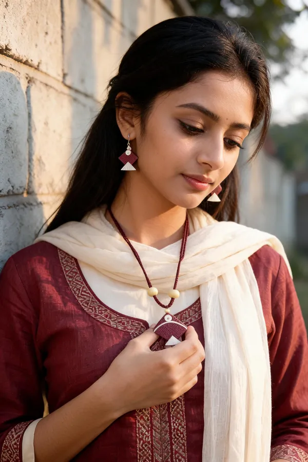 Maroon_Fabric_Necklace_And_Earrings_Set_For_Women