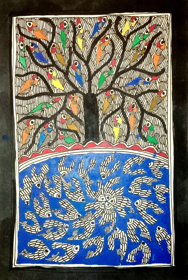 Framed_Madhubani_Bird_Tree_Folk_Art_Painting