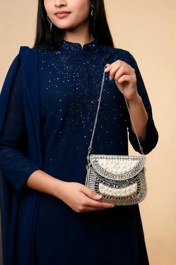 White_Metal_Embellished_Structured_Clutch_Purse_For_Women