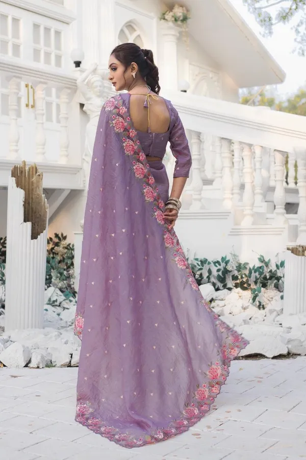 Women_S_Pristine_White_Organza_Saree_With_Exquisite_Pink_Green_Floral_Thread_Embroidery_Complete_With_Matching_Embroidered_Blouse_For_Festive_Summer_Wear