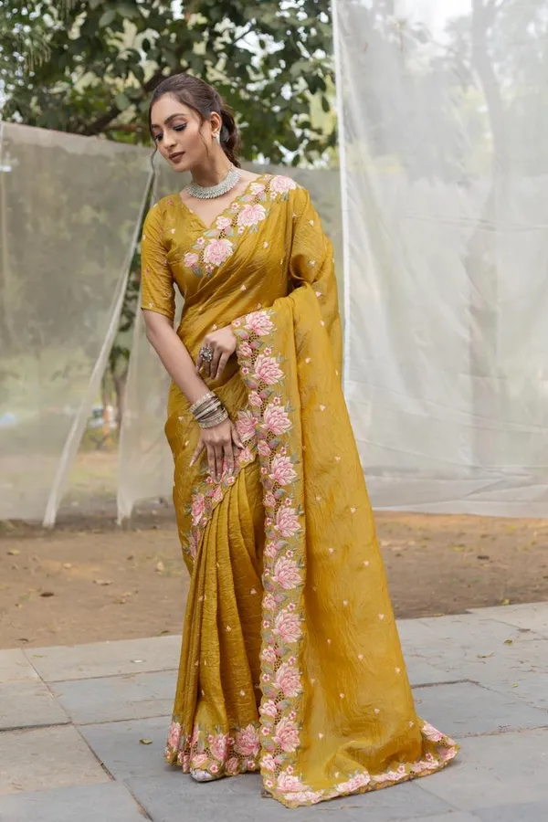 Women_S_Pristine_White_Organza_Saree_With_Exquisite_Pink_Green_Floral_Thread_Embroidery_Complete_With_Matching_Embroidered_Blouse_For_Festive_Summer_Wear
