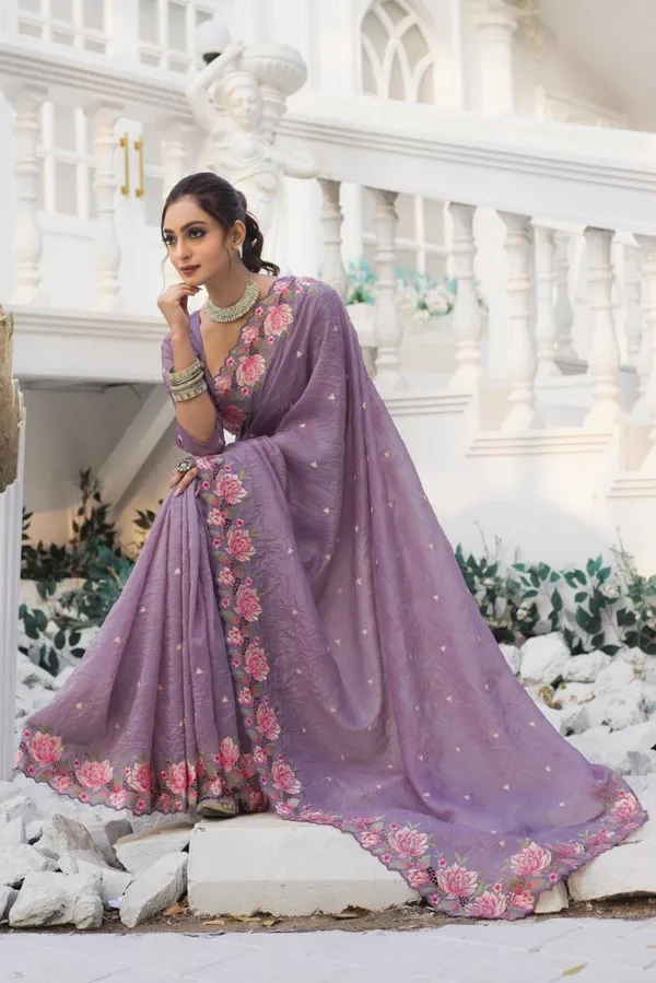 Women_S_Pristine_White_Organza_Saree_With_Exquisite_Pink_Green_Floral_Thread_Embroidery_Complete_With_Matching_Embroidered_Blouse_For_Festive_Summer_Wear