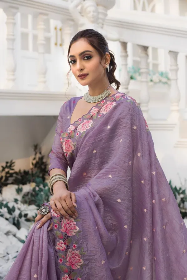 Women_S_Pristine_White_Organza_Saree_With_Exquisite_Pink_Green_Floral_Thread_Embroidery_Complete_With_Matching_Embroidered_Blouse_For_Festive_Summer_Wear