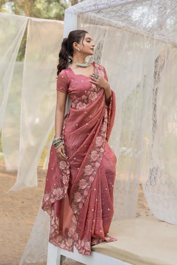 Women_S_Pristine_White_Organza_Saree_With_Exquisite_Pink_Green_Floral_Thread_Embroidery_Complete_With_Matching_Embroidered_Blouse_For_Festive_Summer_Wear