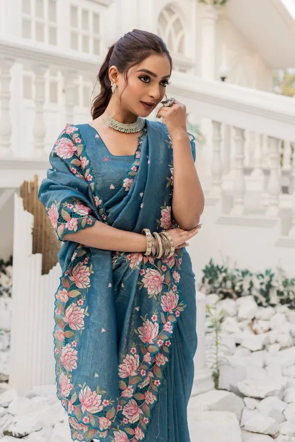Women_S_Pristine_White_Organza_Saree_With_Exquisite_Pink_Green_Floral_Thread_Embroidery_Complete_With_Matching_Embroidered_Blouse_For_Festive_Summer_Wear