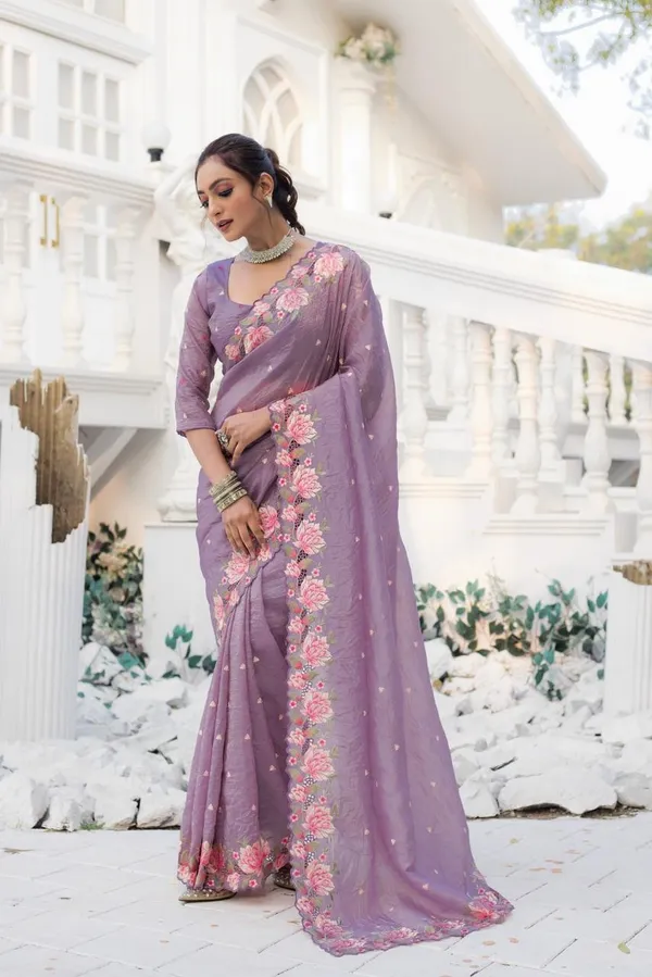 Women_S_Pristine_White_Organza_Saree_With_Exquisite_Pink_Green_Floral_Thread_Embroidery_Complete_With_Matching_Embroidered_Blouse_For_Festive_Summer_Wear