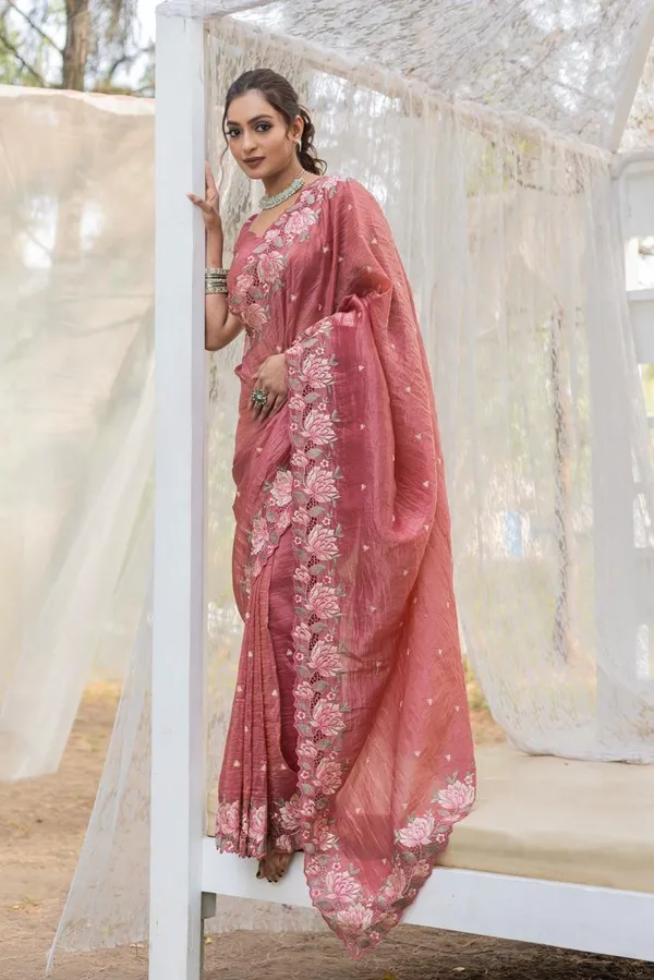 Women_S_Pristine_White_Organza_Saree_With_Exquisite_Pink_Green_Floral_Thread_Embroidery_Complete_With_Matching_Embroidered_Blouse_For_Festive_Summer_Wear