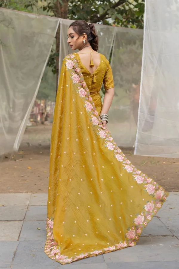 Women_S_Pristine_White_Organza_Saree_With_Exquisite_Pink_Green_Floral_Thread_Embroidery_Complete_With_Matching_Embroidered_Blouse_For_Festive_Summer_Wear