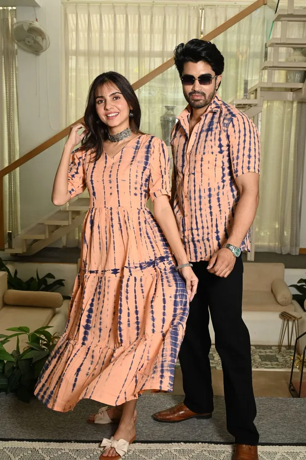 Couple_Matching_Peach_Printed_Cotton_Anarkali_Midi_Dress_Shirt_Set_Summer_Casual_Wear