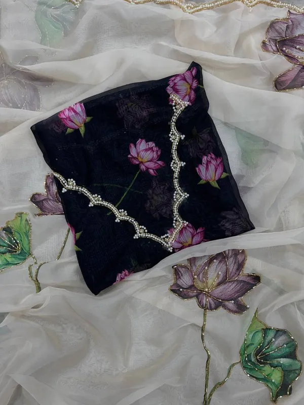 Women_S_Exquisite_Lavender_White_Organza_Saree_With_Hand_Painted_Lotus_Floral_Motifs_Gold_Embellished_Border_Complete_With_Matching_Printed_Blouse_For_Festive_Special_Occasions