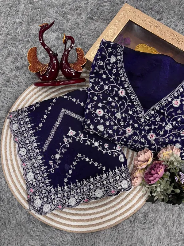 Royal_Blue_Embroidered_Blouse_Piece_With_Intricate_Mirror_Sequin_Floral_Threadwork_Ready_To_Stitch_Fabric_For_Sarees_Festive_Ethnic_Wear