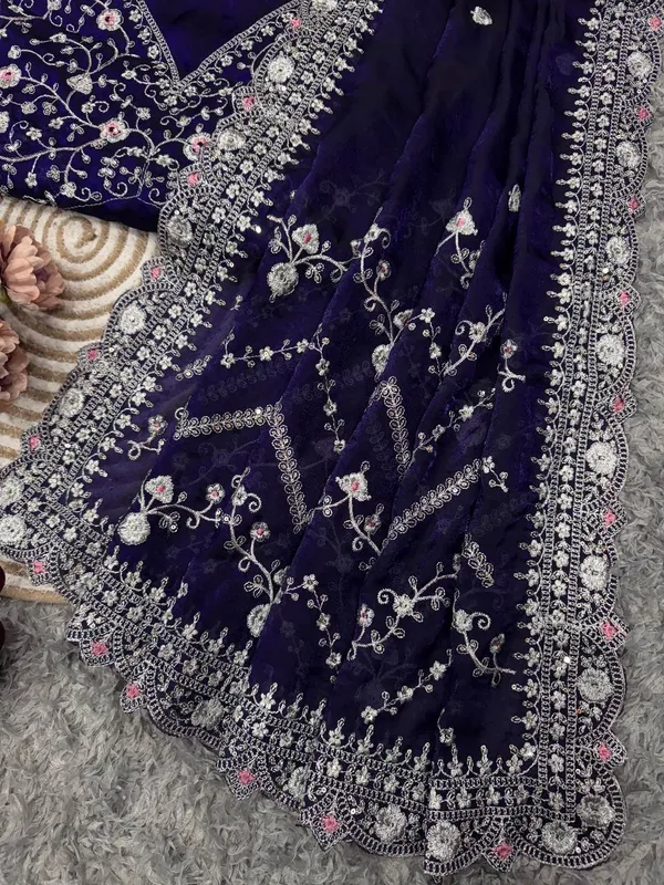 Royal_Blue_Embroidered_Blouse_Piece_With_Intricate_Mirror_Sequin_Floral_Threadwork_Ready_To_Stitch_Fabric_For_Sarees_Festive_Ethnic_Wear