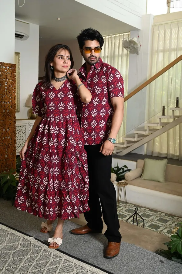 Couple_Matching_Maroon_Cotton_Printed_Anarkali_Midi_Dress_Shirt_Set_Casual_Festive_Wear