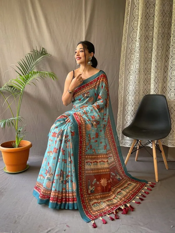 Women_S_Artistic_Terracotta_Orange_Linen_Saree_With_Kalamkari_Inspired_Print_Tassel_Detailing_Perfect_For_Casual_Festivities_Cultural_Events