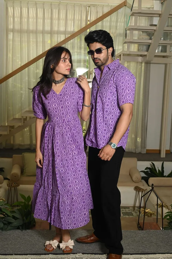 Couple_Matching_Purple_Cotton_Anarkali_Midi_Dress_And_Shirt_Set_Geometric_Wave_Print