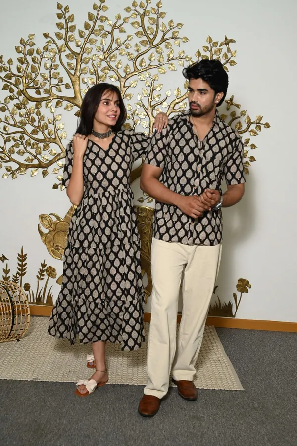 Couple_Matching_Black_Beige_Cotton_Anarkali_Midi_Dress_And_Shirt_Set_Leaf_Print_Twinning_Outfit