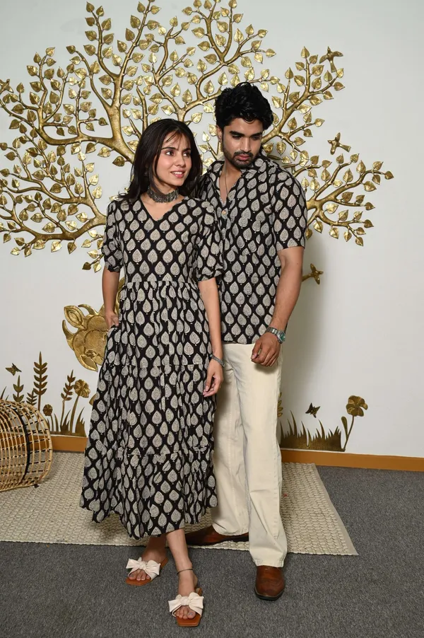 Couple_Matching_Black_Beige_Cotton_Anarkali_Midi_Dress_And_Shirt_Set_Leaf_Print_Twinning_Outfit