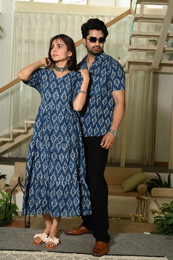 Couple_Matching_Blue_Ikat_Print_Cotton_Anarkali_Midi_Dress_And_Shirt_Set