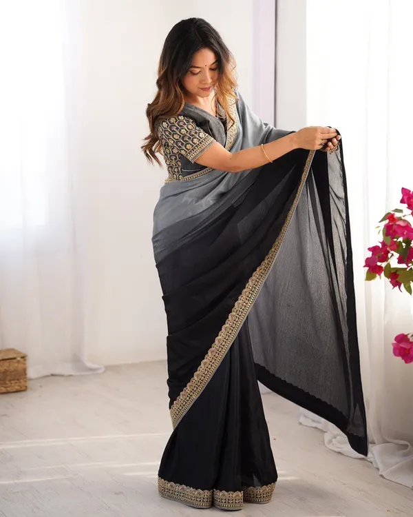 Women_S_Elegant_Ombre_Green_Georgette_Saree_With_Intricate_Golden_Zari_Stone_Embellishments_Complete_With_Heavily_Worked_Blouse_For_Festive_Wedding_Wear