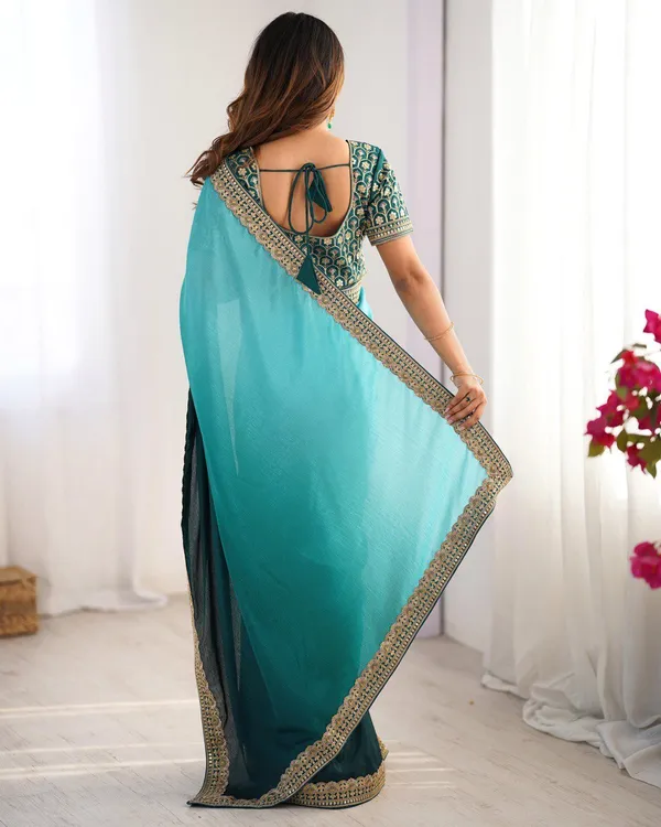 Women_S_Elegant_Ombre_Green_Georgette_Saree_With_Intricate_Golden_Zari_Stone_Embellishments_Complete_With_Heavily_Worked_Blouse_For_Festive_Wedding_Wear