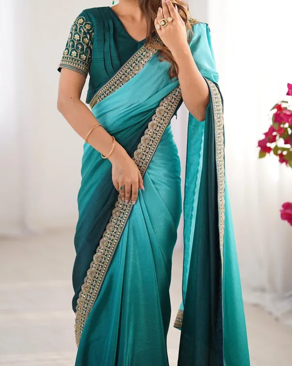 Women_S_Elegant_Ombre_Green_Georgette_Saree_With_Intricate_Golden_Zari_Stone_Embellishments_Complete_With_Heavily_Worked_Blouse_For_Festive_Wedding_Wear