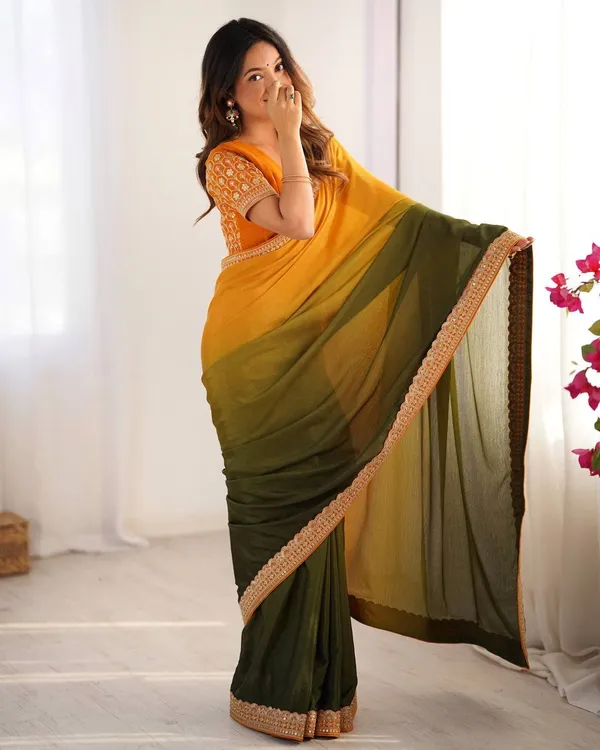 Women_S_Elegant_Ombre_Green_Georgette_Saree_With_Intricate_Golden_Zari_Stone_Embellishments_Complete_With_Heavily_Worked_Blouse_For_Festive_Wedding_Wear