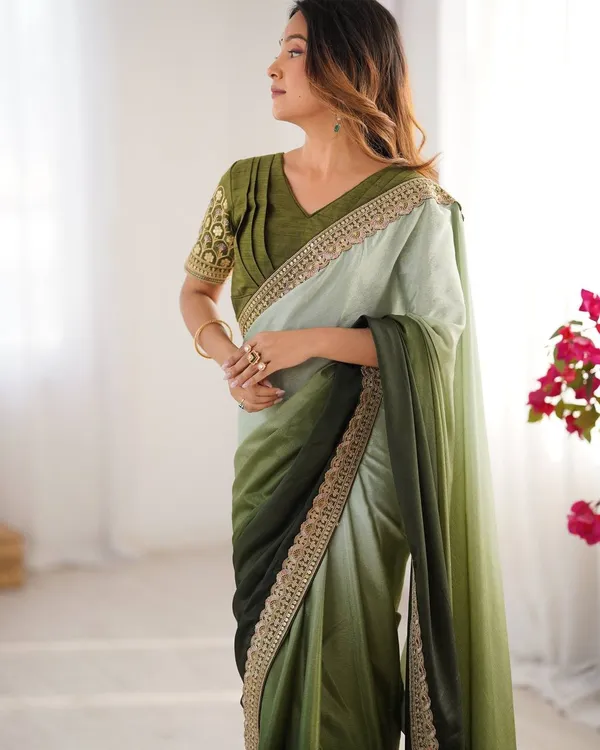 Women_S_Elegant_Ombre_Green_Georgette_Saree_With_Intricate_Golden_Zari_Stone_Embellishments_Complete_With_Heavily_Worked_Blouse_For_Festive_Wedding_Wear