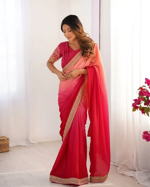 Women_S_Elegant_Ombre_Green_Georgette_Saree_With_Intricate_Golden_Zari_Stone_Embellishments_Complete_With_Heavily_Worked_Blouse_For_Festive_Wedding_Wear