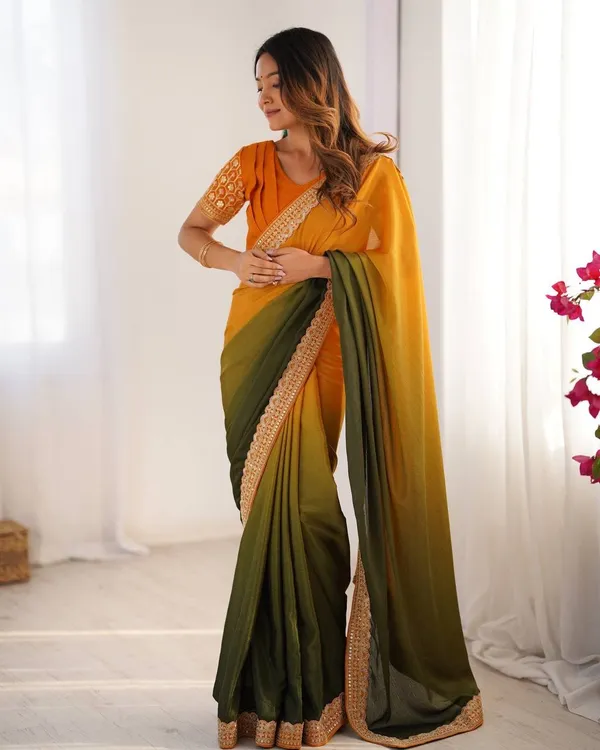 Women_S_Elegant_Ombre_Green_Georgette_Saree_With_Intricate_Golden_Zari_Stone_Embellishments_Complete_With_Heavily_Worked_Blouse_For_Festive_Wedding_Wear