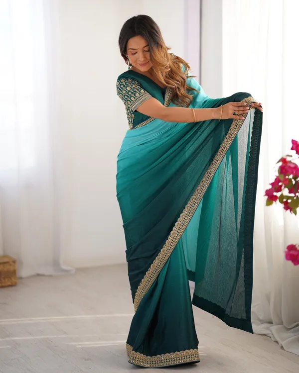 Women_S_Elegant_Ombre_Green_Georgette_Saree_With_Intricate_Golden_Zari_Stone_Embellishments_Complete_With_Heavily_Worked_Blouse_For_Festive_Wedding_Wear