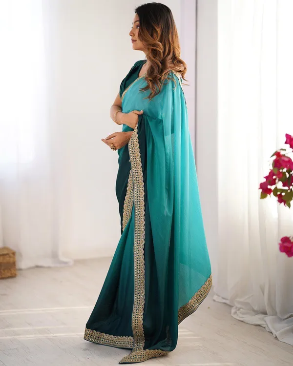 Women_S_Elegant_Ombre_Green_Georgette_Saree_With_Intricate_Golden_Zari_Stone_Embellishments_Complete_With_Heavily_Worked_Blouse_For_Festive_Wedding_Wear