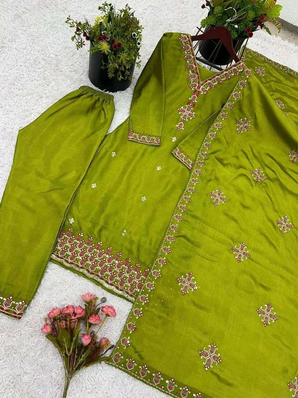 Women_S_Chinnon_Silk_Embroidery_Sequence_Work_And_Lace_Work_Straight_Kurti_With_Pant_And_Dupatta