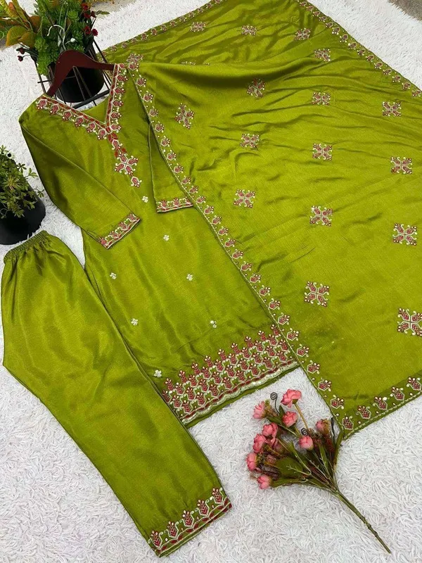 Women_S_Chinnon_Silk_Embroidery_Sequence_Work_And_Lace_Work_Straight_Kurti_With_Pant_And_Dupatta
