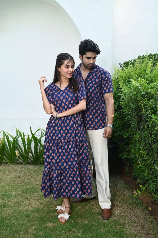 Couple_Matching_Navy_Blue_Cotton_Printed_Anarkali_Midi_Dress_Shirt_Set_Casual_Festive_Wear