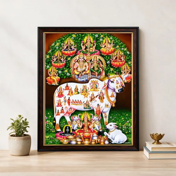 Kuberan_Gomatha_With_Astalakshmi_For_Wealth_And_Prosperity_Wooden_Framed_Wall_Art